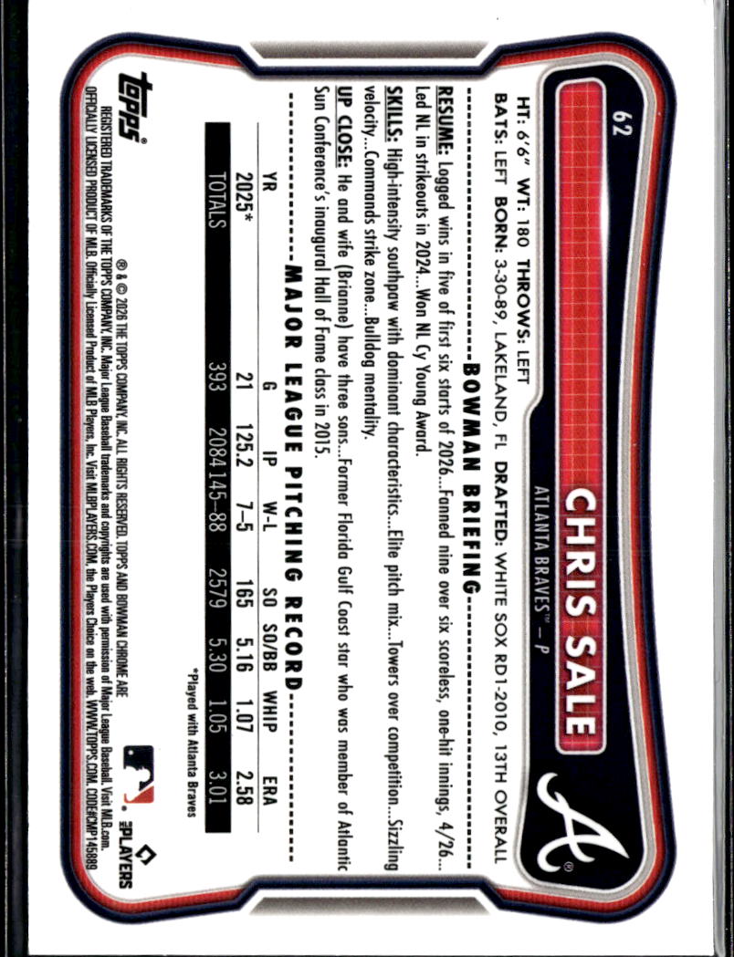Chris Sale 2026 Bowman Chrome Fuchsia Mega Box 200/299 Atlanta Braves