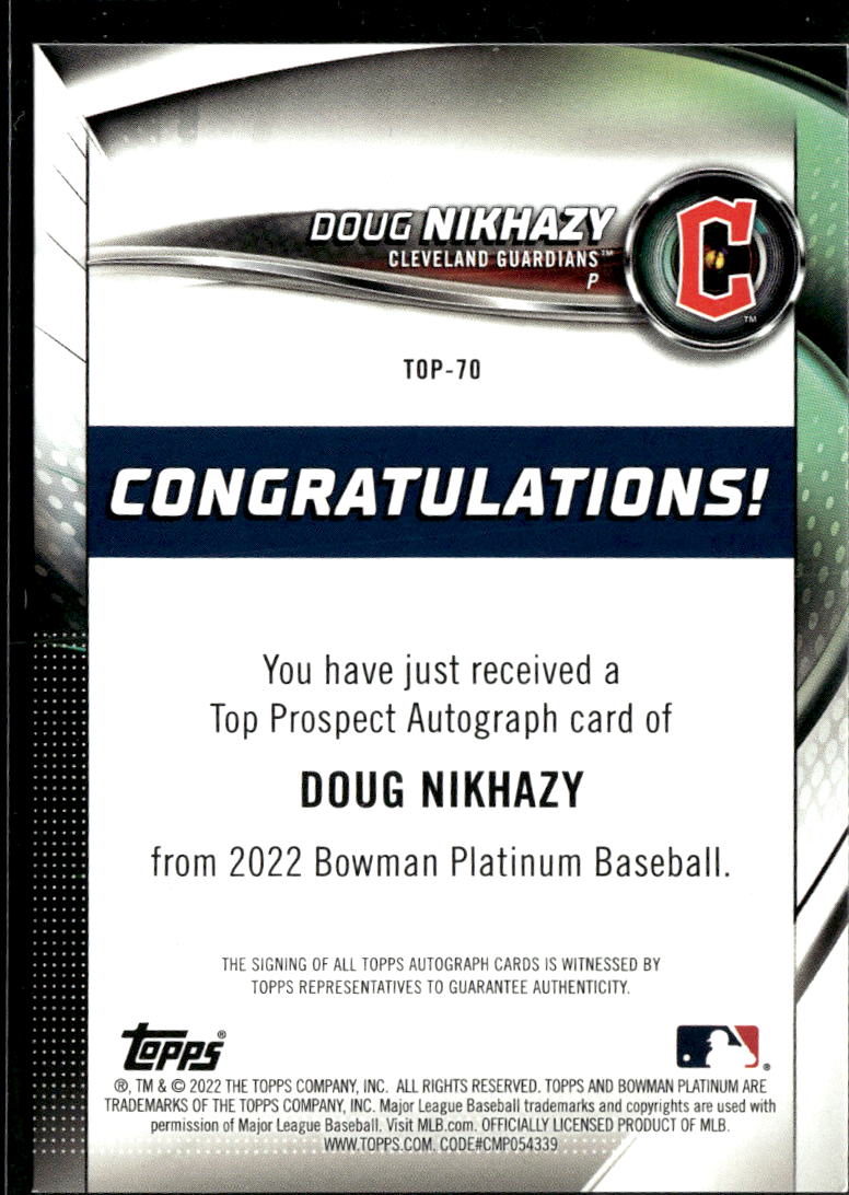 Doug Nikhazy 2022 Bowman Platinum Auto Autograph Cleveland Guardians