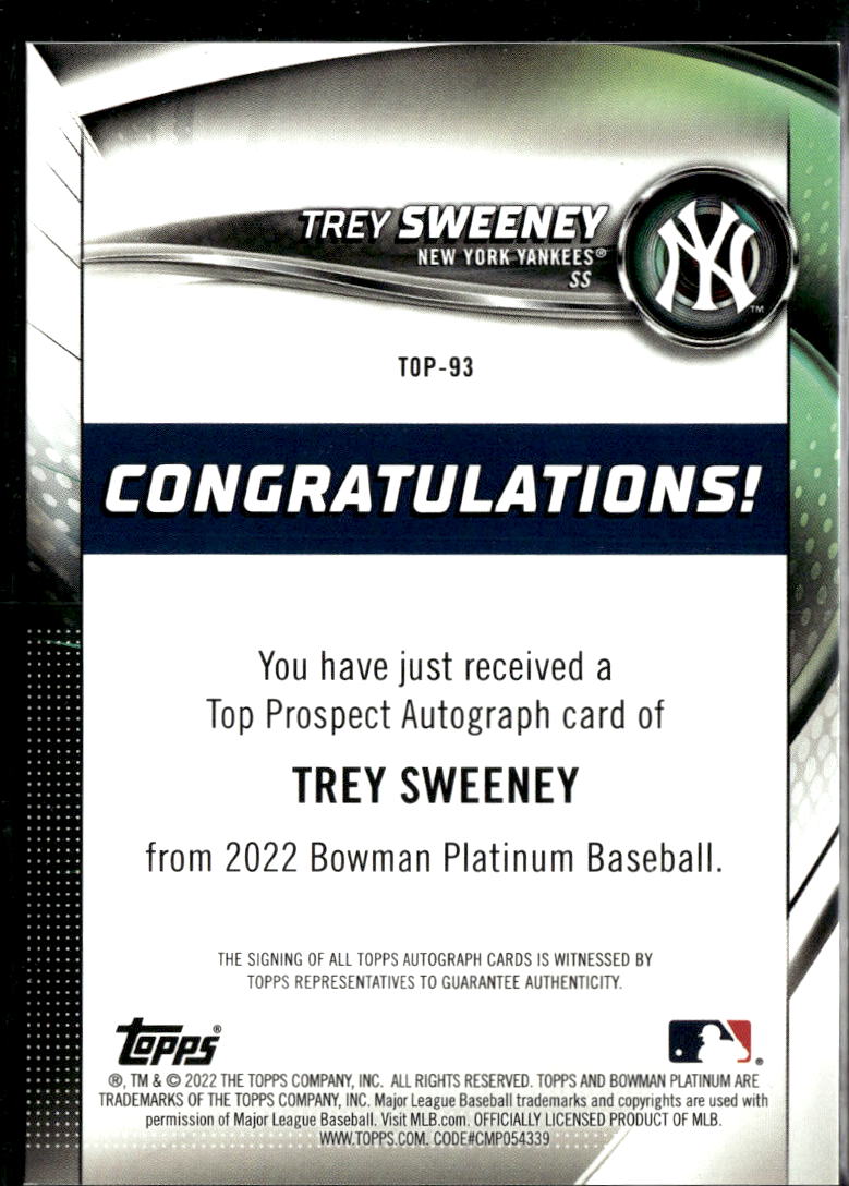 Trey Sweeney 2022 Bowman Platinum Auto Autograph New York Yankees