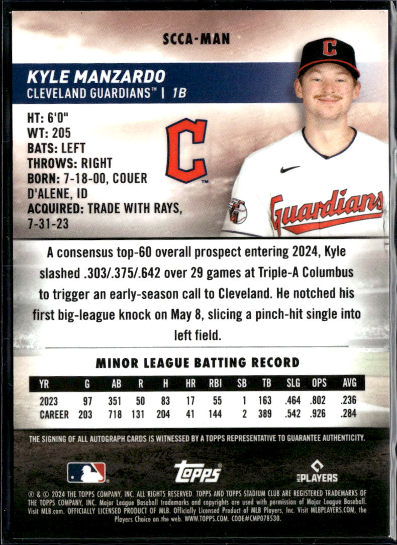 Kyle Manzardo 2024 Stadium Club Chrome Auto Autograph RC Cleveland Guardians