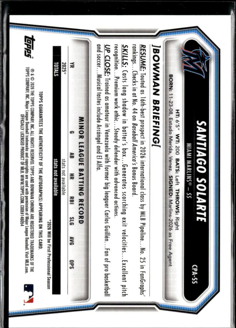 Santiago Solarte 2026 Bowman Chrome 1st Auto Autograph Miami Marlins
