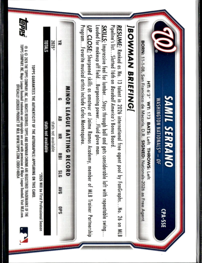 Samil Serrano 2026 Bowman Chrome 1st Auto Autograph Washington Nationals