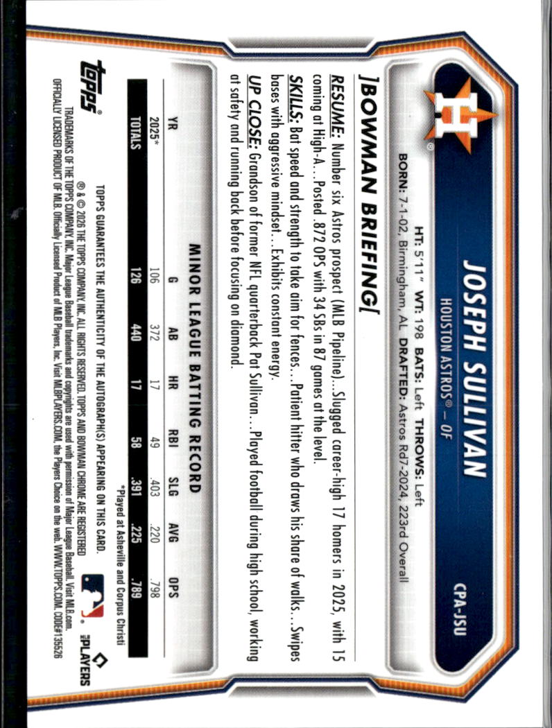 Joseph Sullivan 2026 Bowman Chrome 1st Auto Autograph Houston Astros