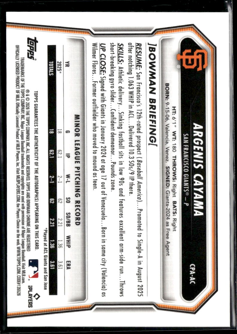 Argenis Cayama 2026 Bowman Chrome Auto San Francisco Giants