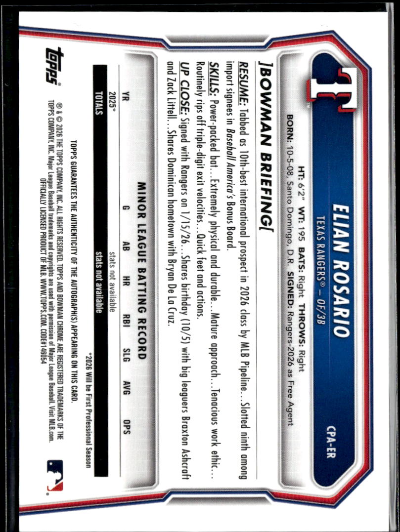 Elian Rosario 2026 Bowman Chrome 1st Auto Autograph Texas Rangers