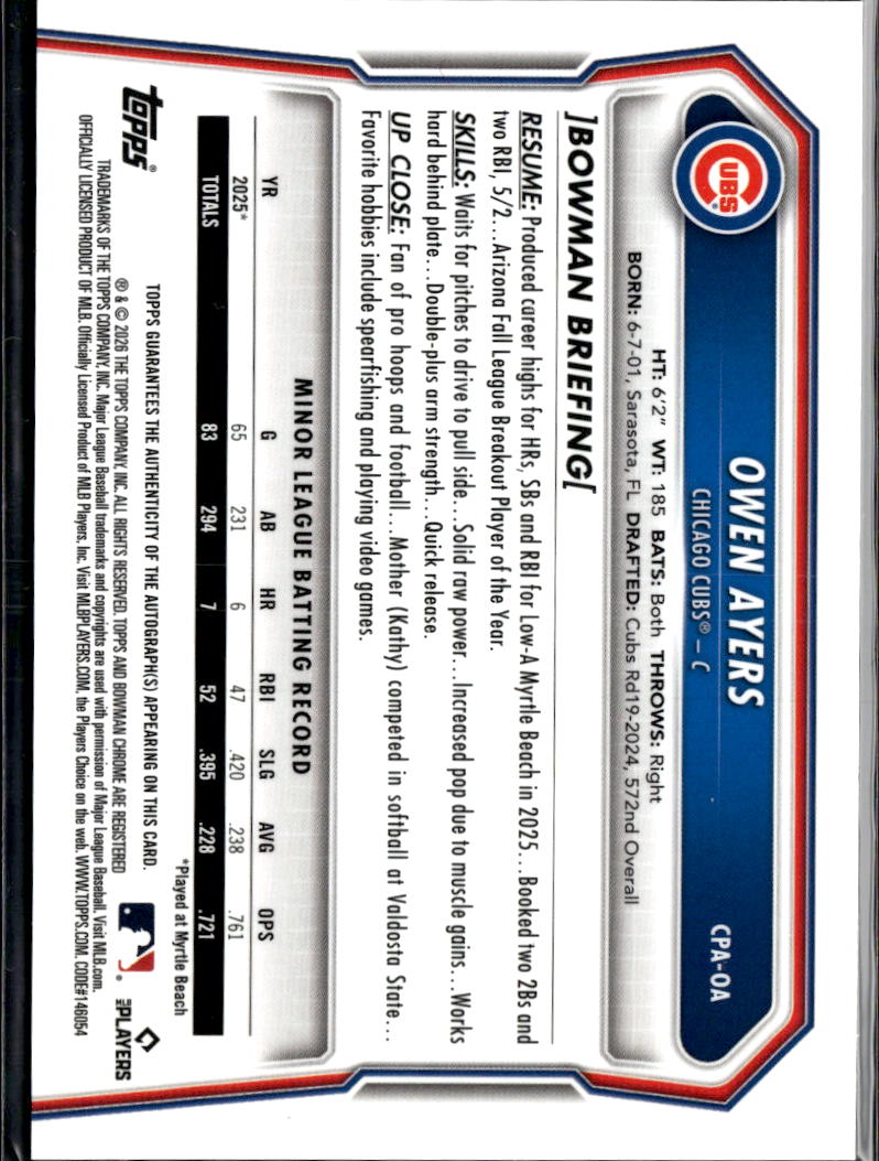 Owen Ayers 2026 Bowman Chrome 1st Auto Autograph Chicago Cubs