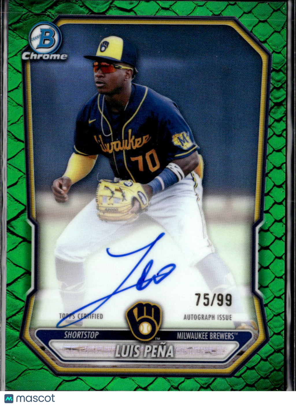 Luis Pena 2026 Bowman Chrome Auto Autograph Green Reptilian 75/99 Brewers
