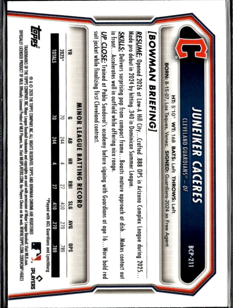 Juneiker Caceres 2026 Bowman Chrome NL Logo SSP Cleveland Guardians
