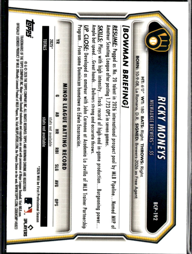 Ricky Moneys 2026 Bowman Chrome Yellow Milwaukee Brewers