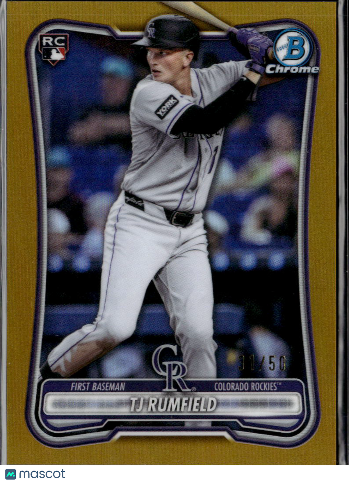 TJ Rumfield 2026 Topps Bowman Chrome RC Gold /50 Colorado Rockies