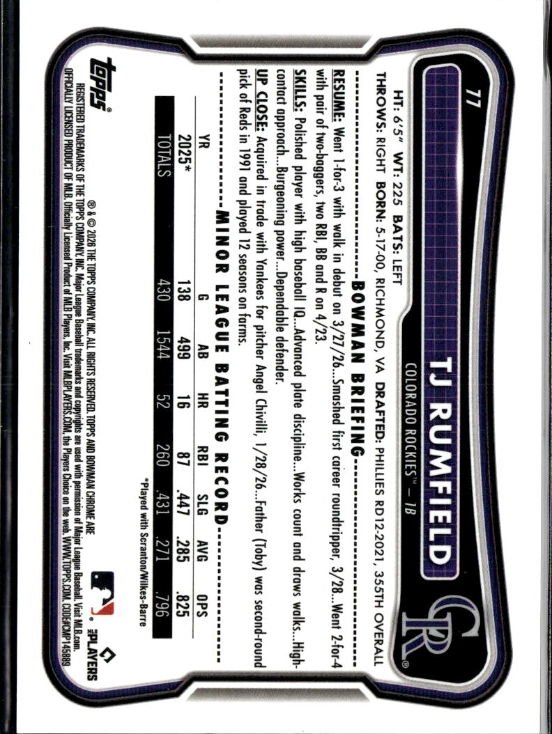 TJ Rumfield 2026 Topps Bowman Chrome RC Gold /50 Colorado Rockies