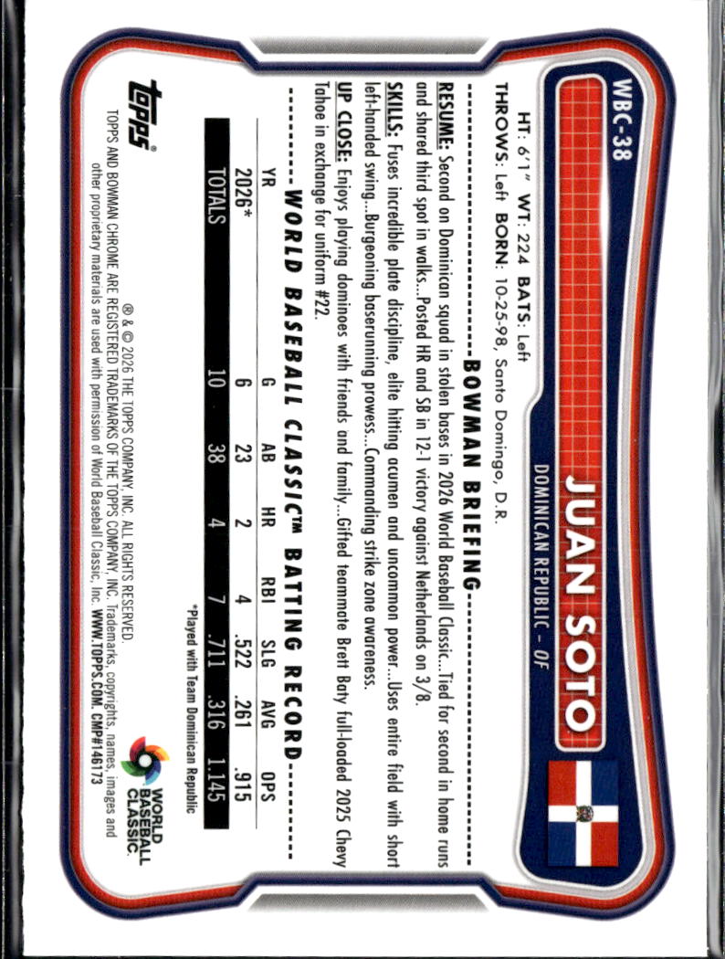 Juan Soto 2026 Bowman Chrome WBC Green Refractor 61/99 Dominican Republic