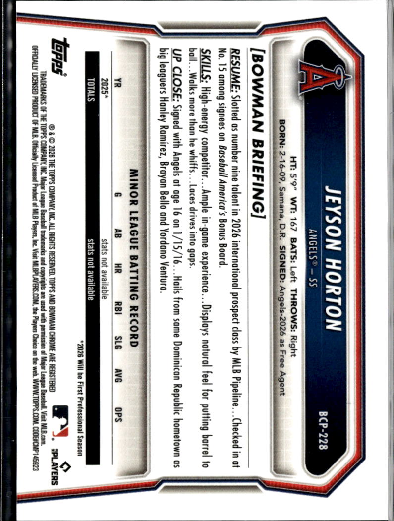Jeyson Horton 2026 Bowman Chrome 1st Green Reptilian 52/99 Los Angeles Angels