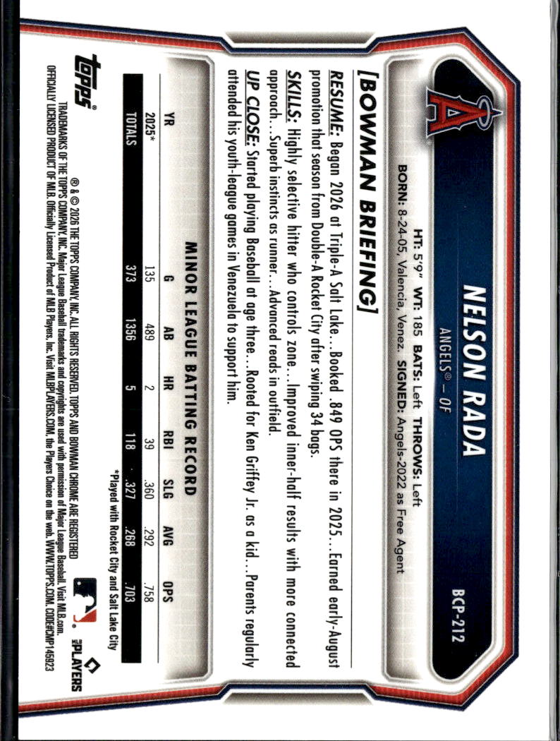 Nelson Rada 2026 Bowman Chrome RED Refractor 5/5 Los Angeles Angels