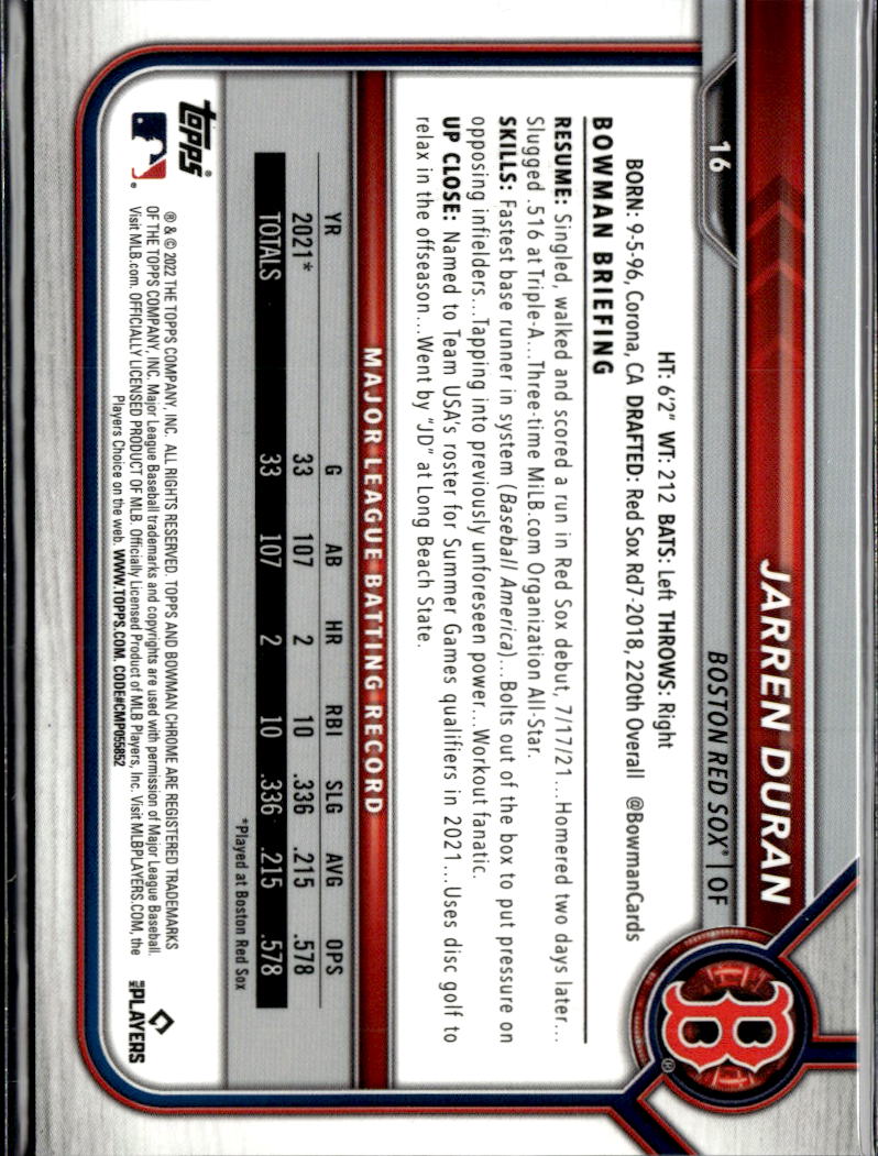 Jarren Duran 2022 Bowman Chrome RC Image Variation Boston Red Sox