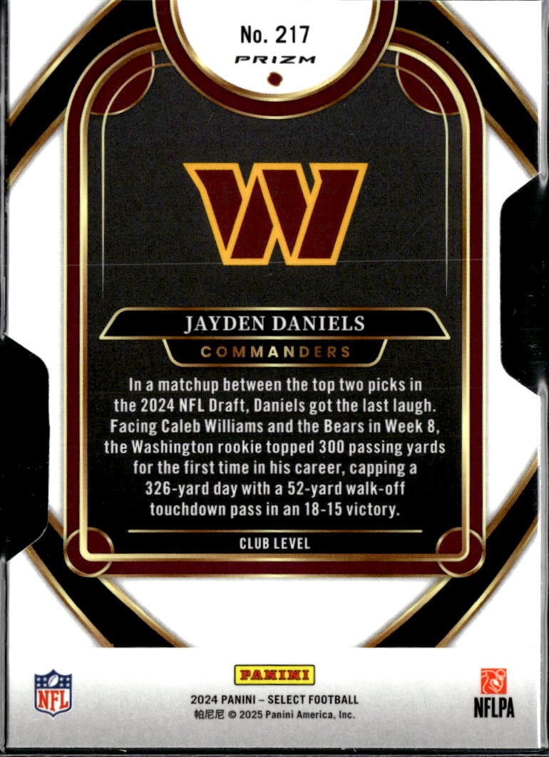 Jayden Daniels 2024 Select Club Level Silver Prizm Rookie RC Commanders