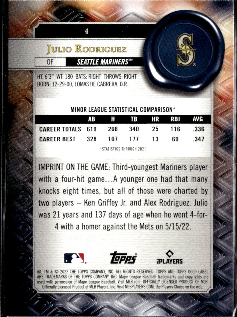 Julio Rodriguez 2022 Topps Gold Label Rookie RC Class Seattle Mariners