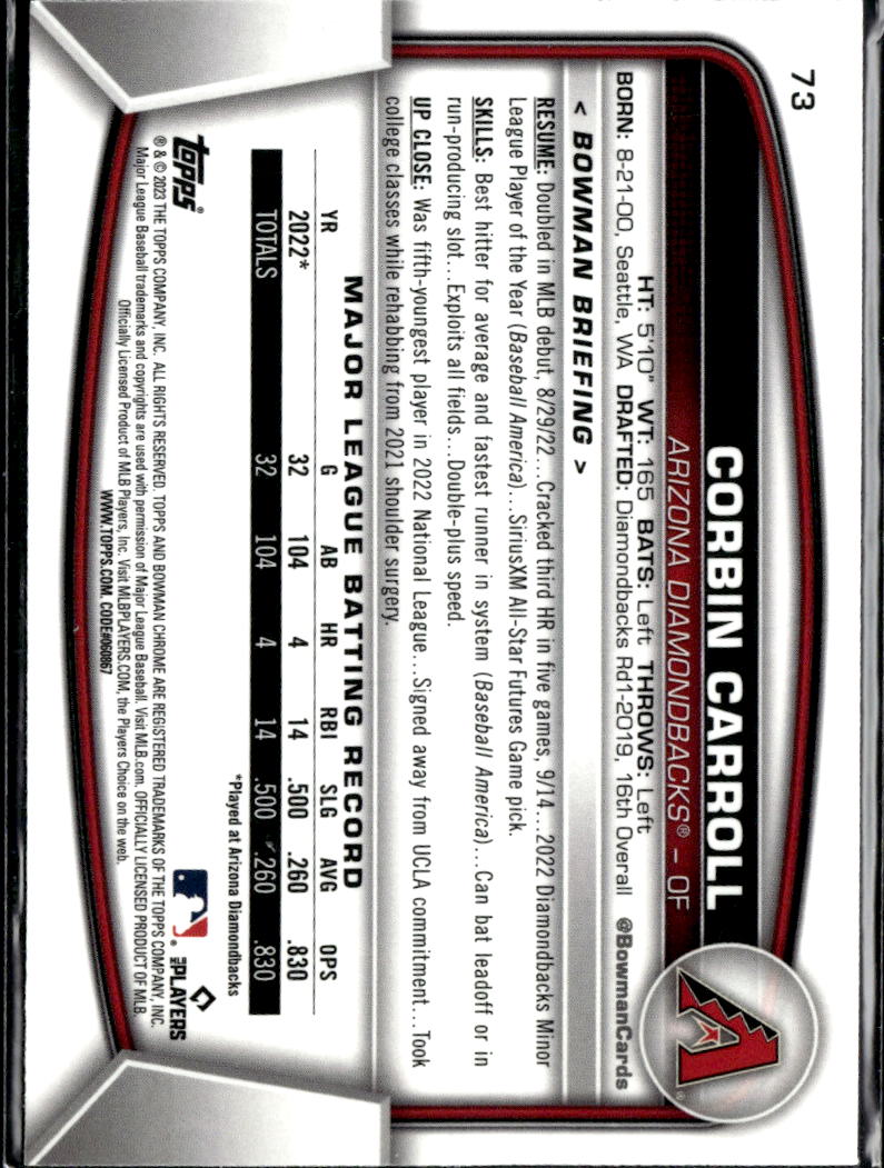 Corbin Carroll 2023 Bowman Chrome Mega Box Refractor RC Arizona Diamondbacks