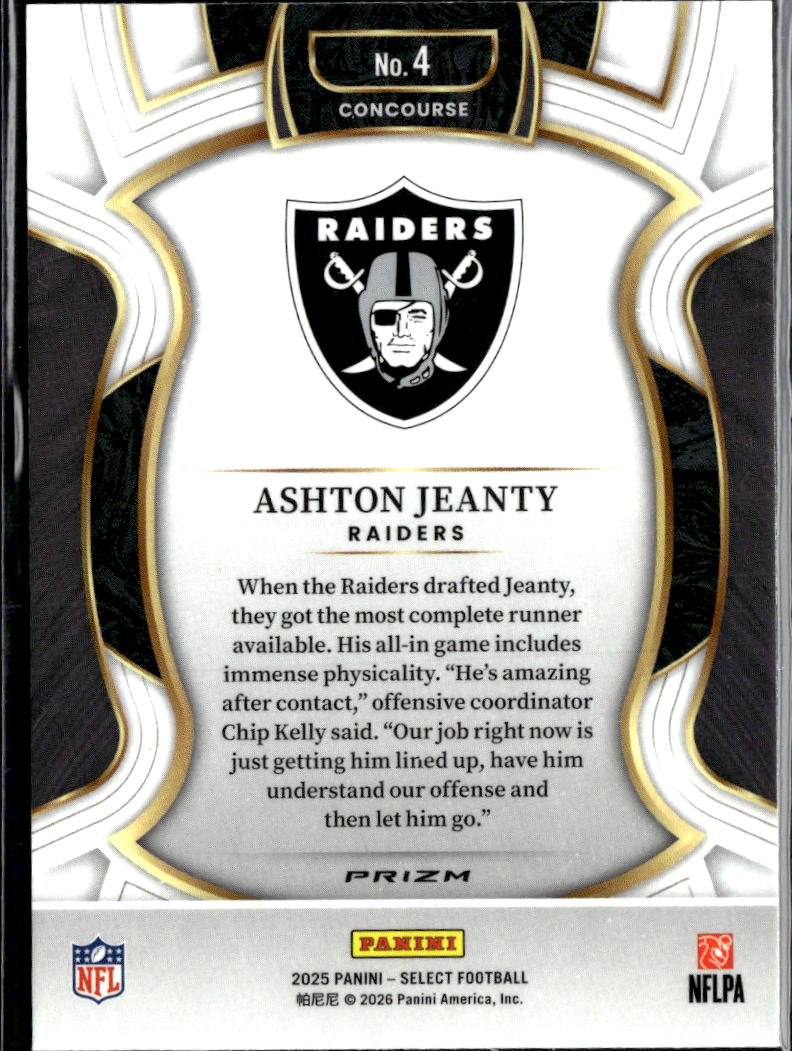 Ashton Jeanty 2025 Select Silver Prizm Rookie RC Las Vegas Raiders