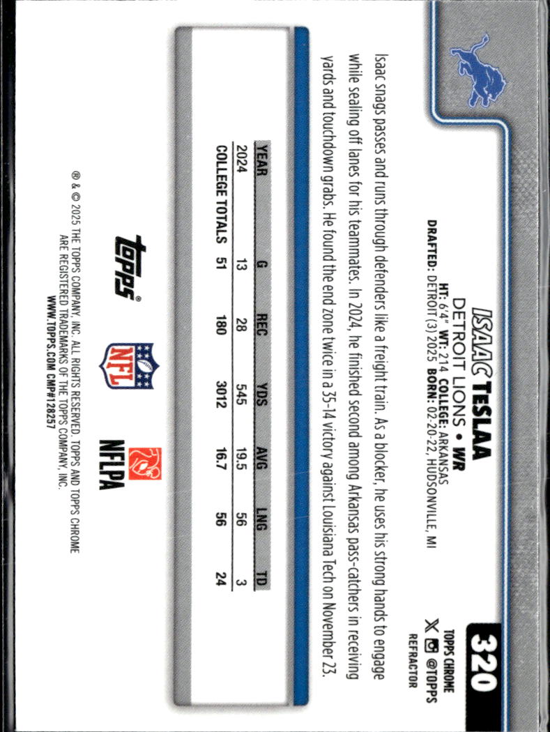 Isaac TeSlaa 2025 Topps Chrome RC Rookie Refractor Detroit Lions