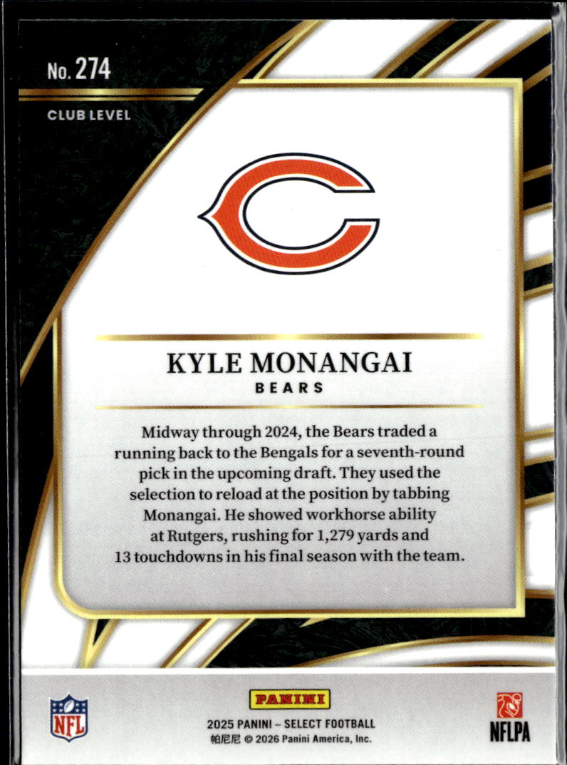 Kyle Monangai 2025 Select Club Level Rookie RC Chicago Bears