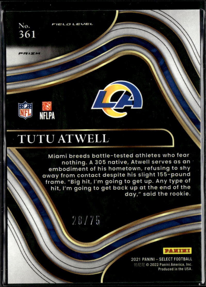 Tutu Atwell 2021 Select Field Level Tricolor Prizm RC 28/75 Los Angeles Rams