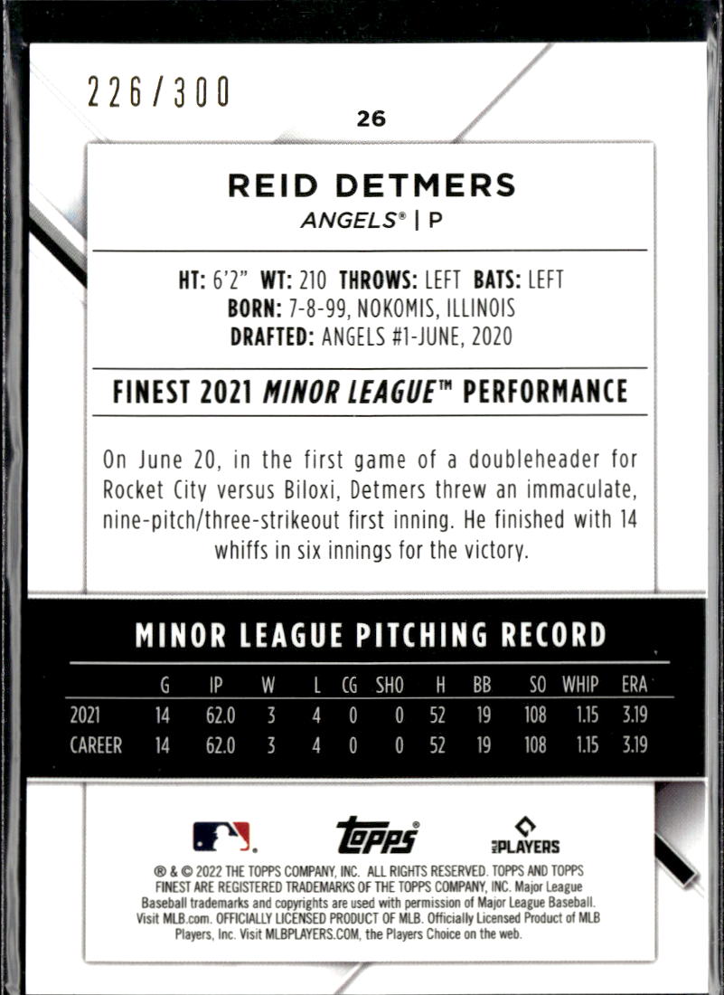 Reid Detmers 2022 Topps Finest Sky Blue RC /300 Los Angeles Angels