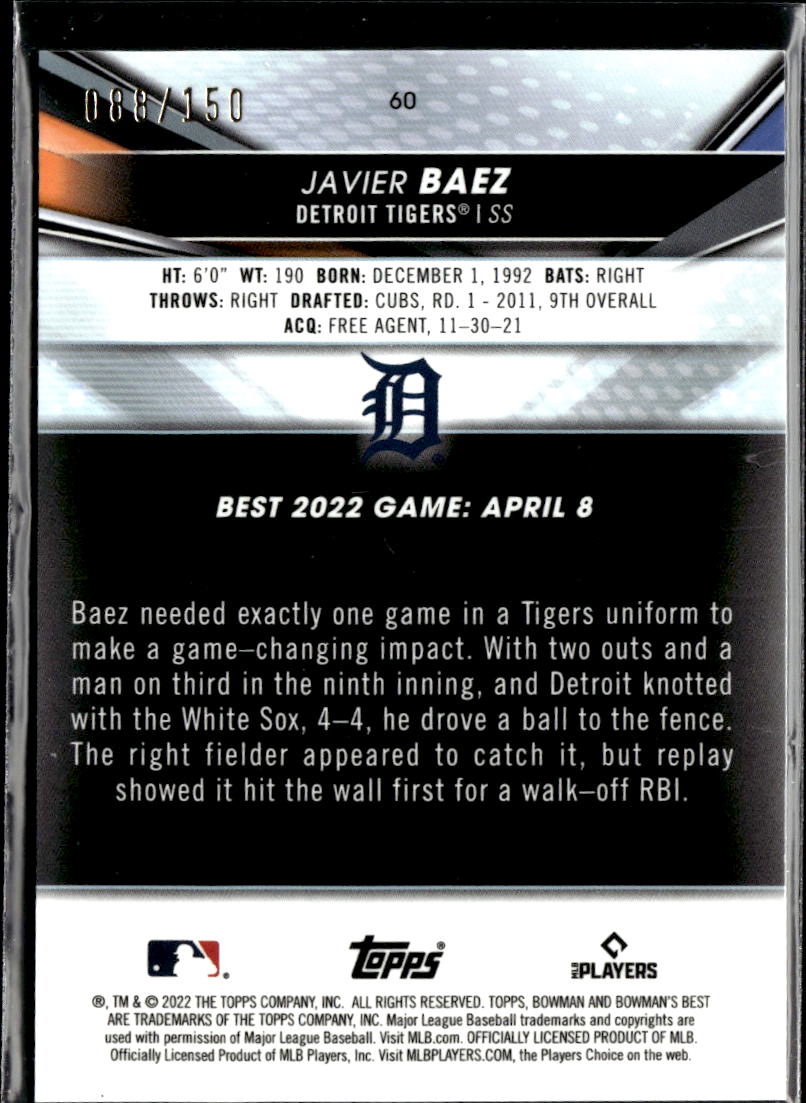 Javier Baez 2022 Bowman's Best Blue Refractor 88/150 Detroit Tigers