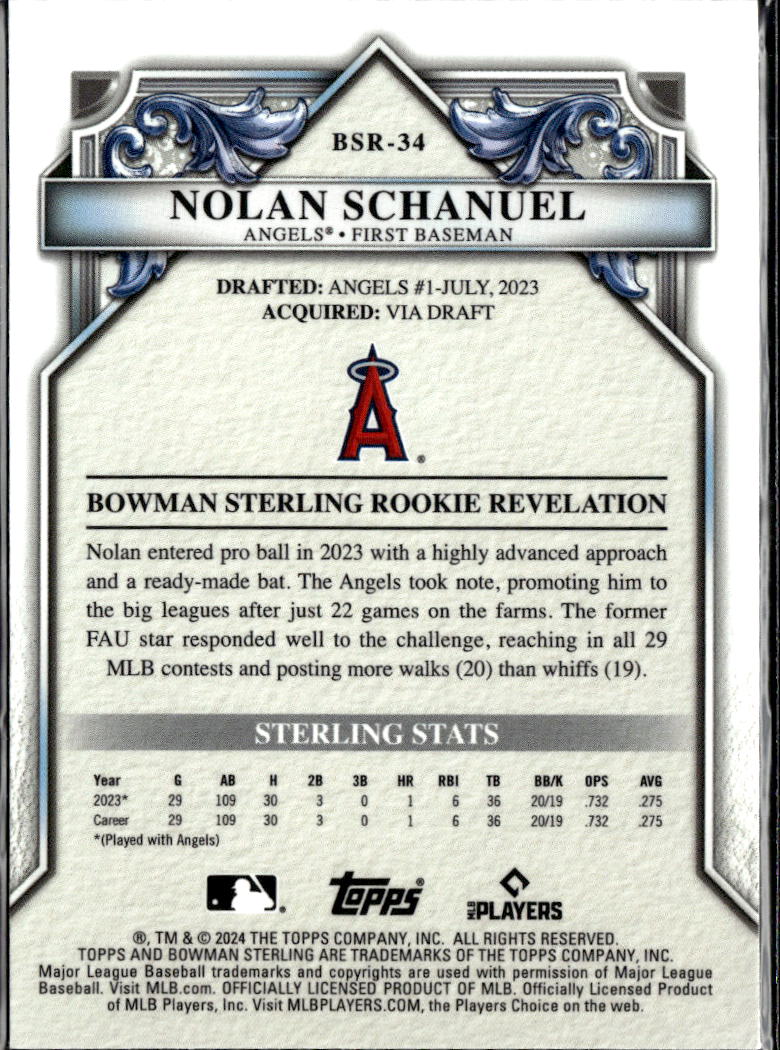 Nolan Schanuel 2024 Bowman Sterling Rookie RC /99 Los Angeles Angels