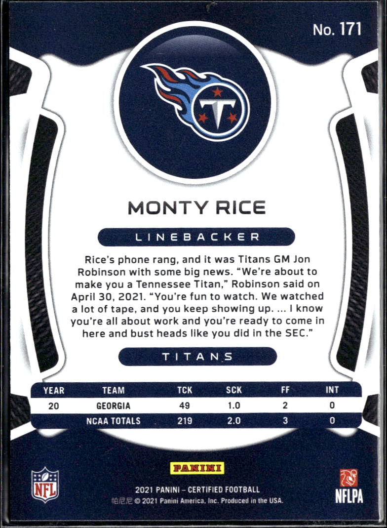 Monty Rice 2021 Certified Rookie RC /299 Tennessee Titans