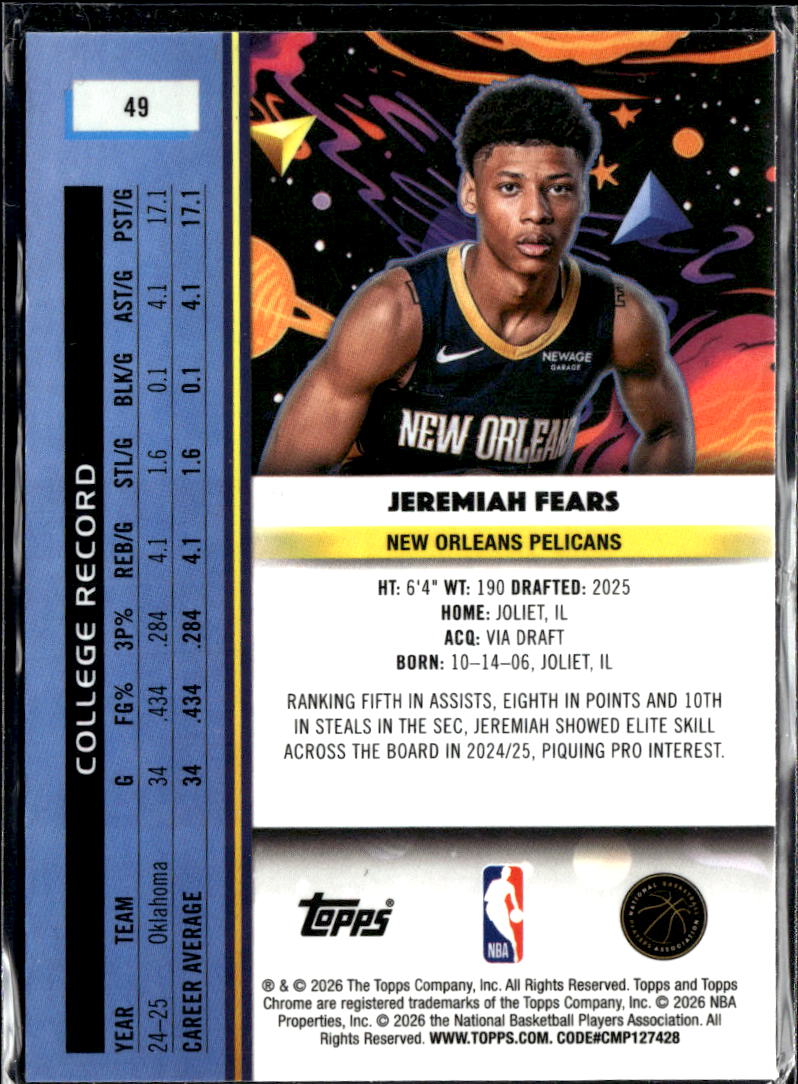 Jeremiah Fears 2026 Topps Chrome Cosmic Rookie RC New Orleans Pelicans