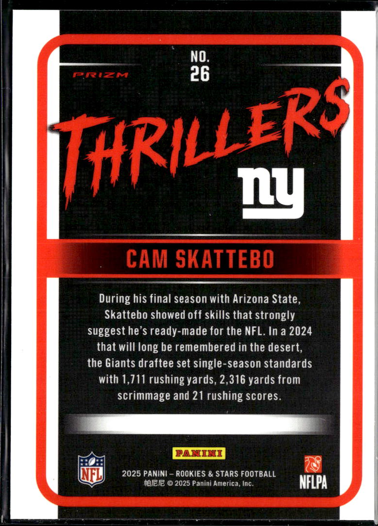 Cam Skattebo 2025 Rookies & Stars Thrillers RED RC New York Giants Giants