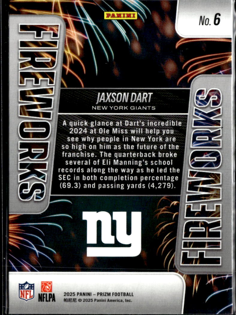 Jaxson Dart 2025 Prizm Fireworks Rookie RC New York Giants