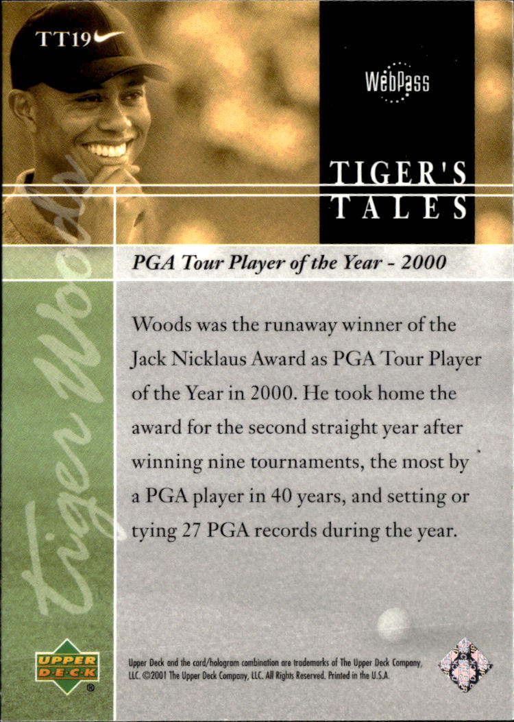 Tiger Woods 2001 Upper Deck Rookie RC Tiger's Tales GOLF