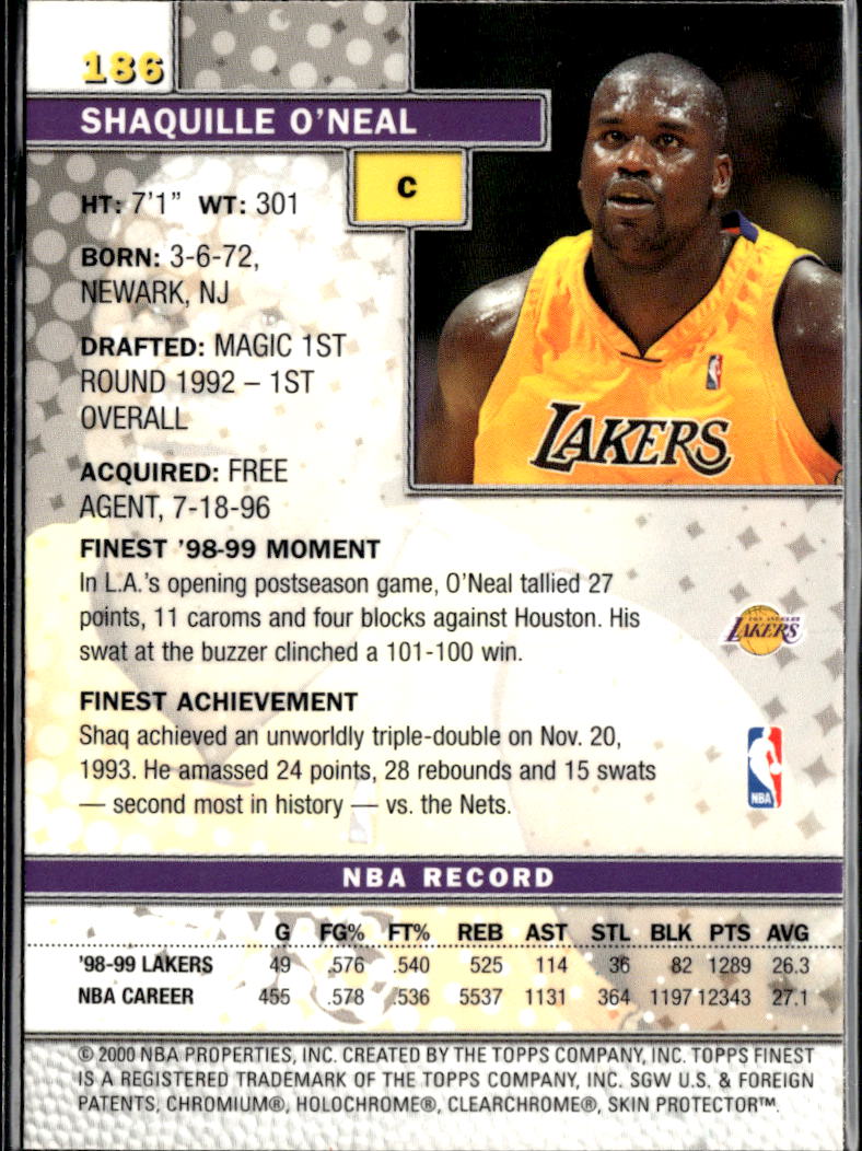 Shaquille O'Neal 2000 Topps Finest Card #186 Los Angeles Lakers