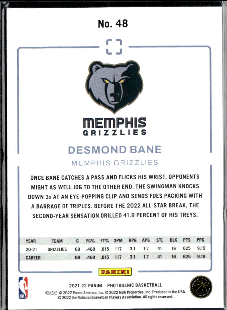 Desmond Bane 2021-22 Panini Photogenic Memphis Grizzlies