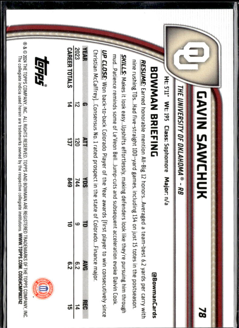 Gavin Sawchuk 2024 Bowman Chrome 1st Green RC 79/99 Oklahoma Sooners
