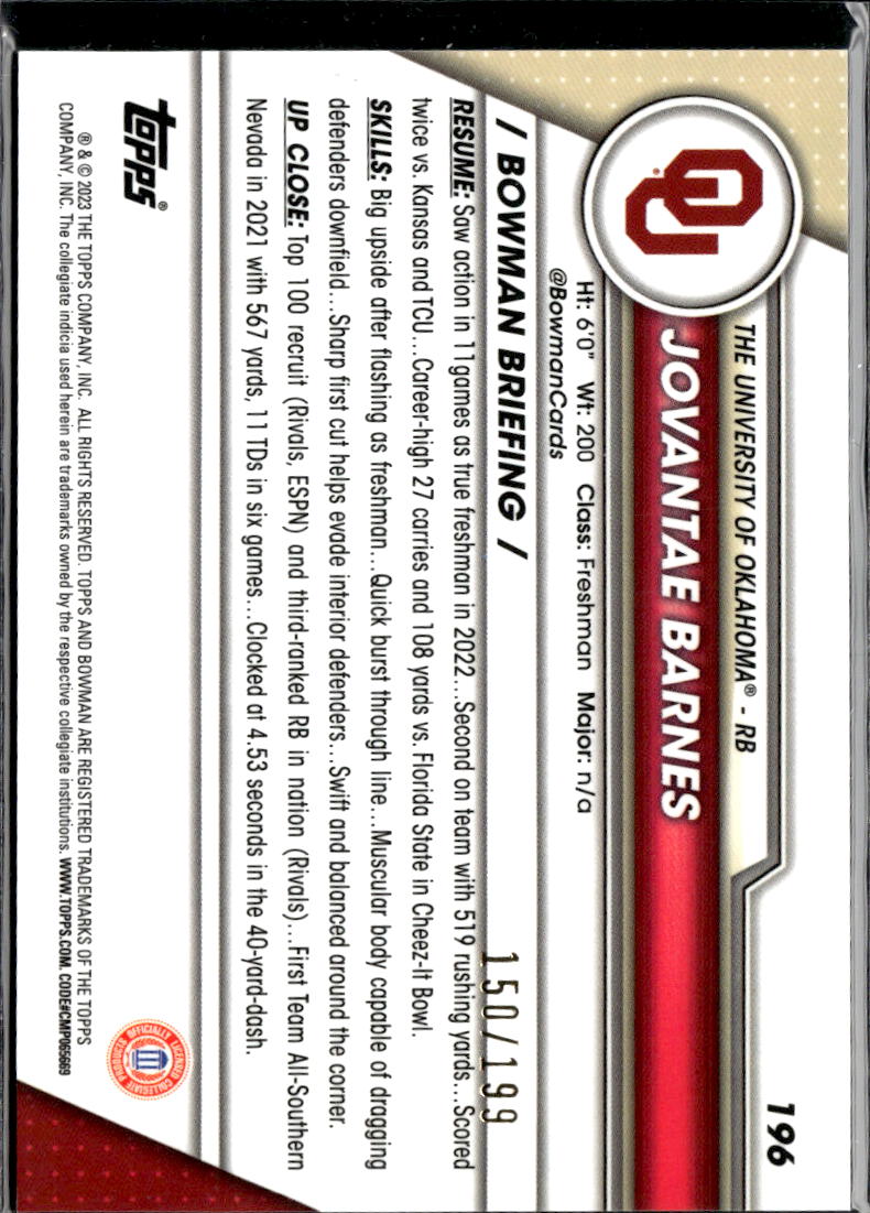 Jovantae Barnes 2023 Bowman Chrome 1st Blue Refractor /199 Oklahoma Sooners