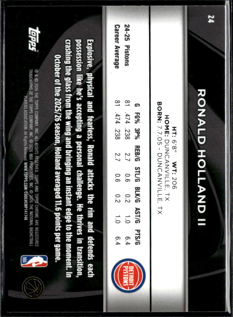 Ronald Holland II 2026 Topps Chrome Black Detroit Pistons