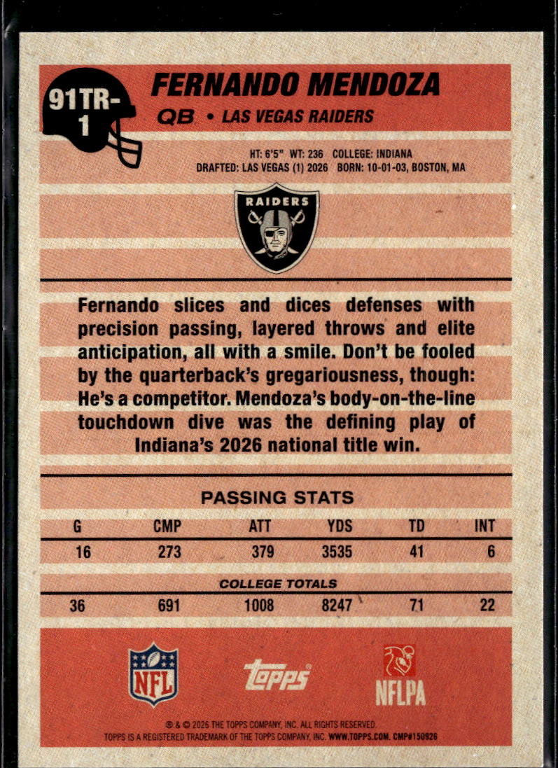 Fernando Mendoza 2026 Topps '91 Rookie RC Las Vegas Raiders