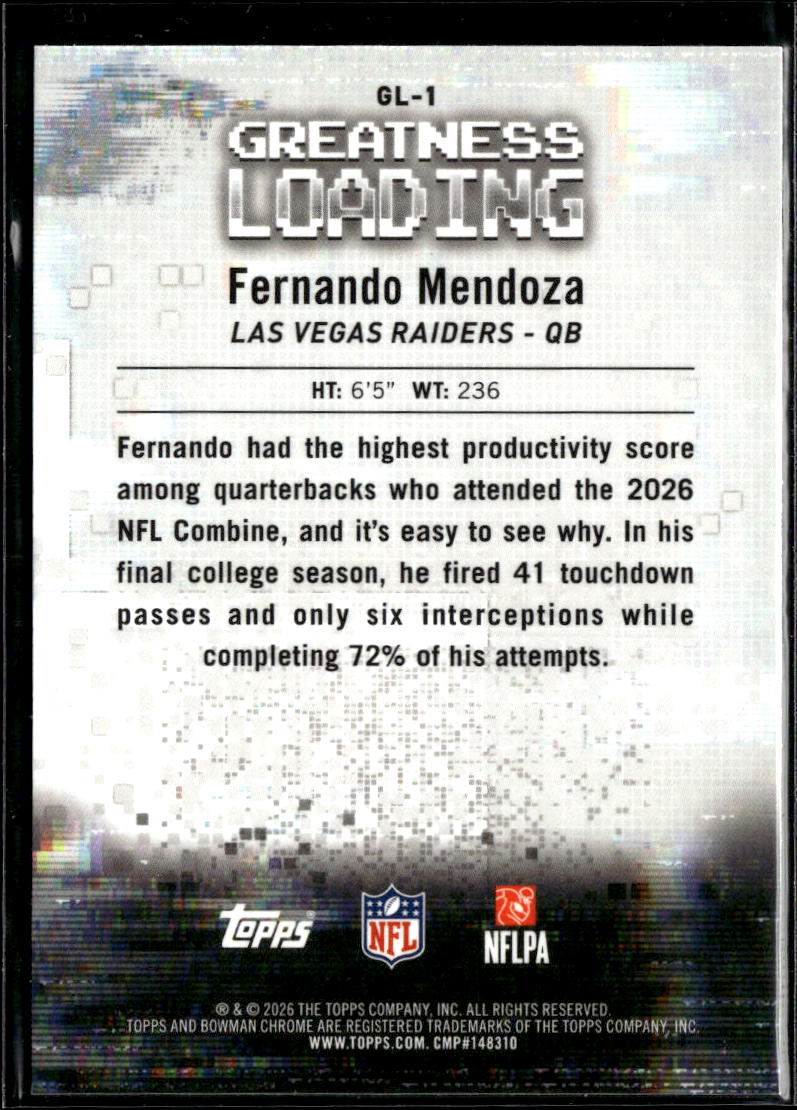 Fernando Mendoza 2026 Bowman Chrome Greatness Loading RC Las Vegas Raiders