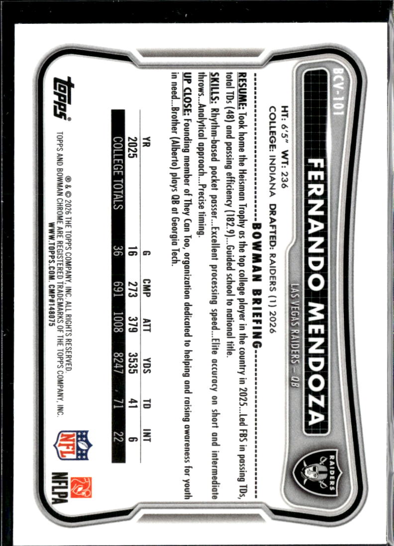 Fernando Mendoza 2026 Bowman Chrome Aqua Refractor RC 193/199 Las Vegas Raiders