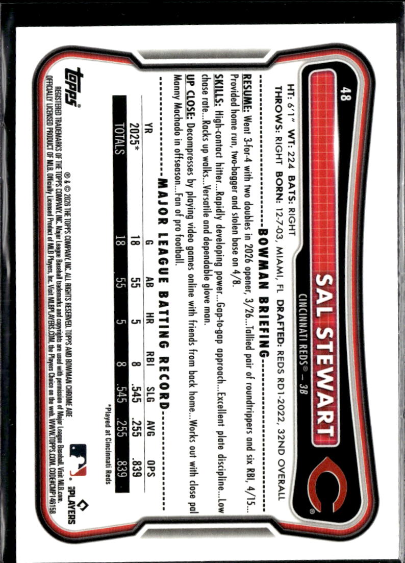 Sal Stewart 2026 Bowman Chrome RED Refractor RC Cincinnati Reds