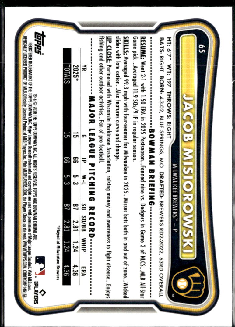 Jacob Misiorowski 2026 Bowman Chrome RED Refractor RC Milwaukee Brewers