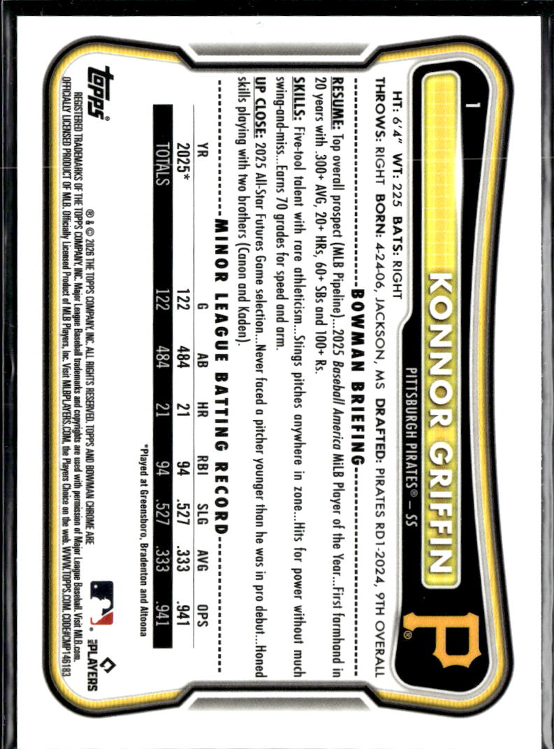 Konnor Griffin 2026 Bowman Chrome Mega Box Refractor Rookie Pittsburgh Pirates