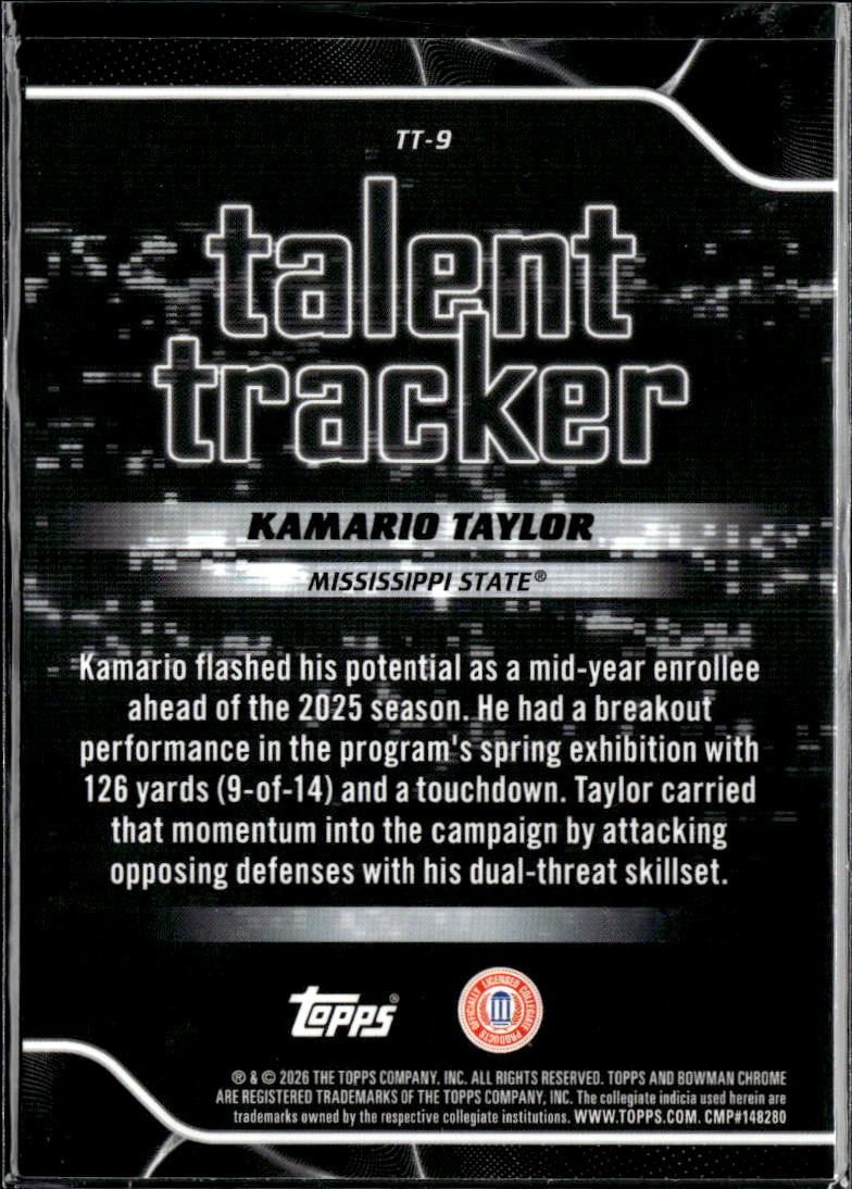 Kamario Taylor 2026 Bowman Chrome  Talent Tracker RC Mississippi State Bulldogs