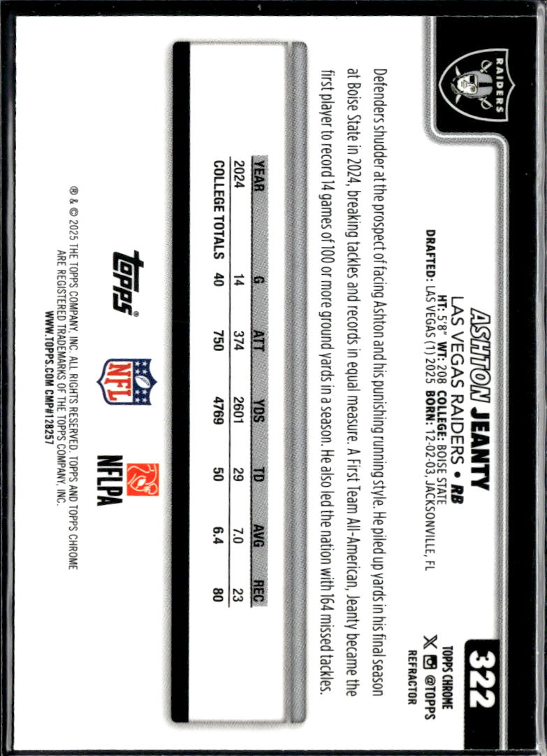 Ashton Jeanty 2025 Topps Chrome RC Refractor Las Vegas Raiders