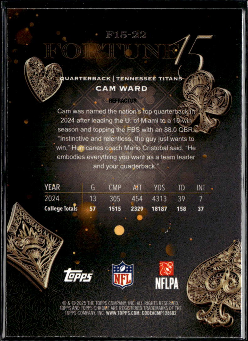 Cam Ward 2025 Topps Chrome RC Fortune 15 Refractor Tennessee Titans