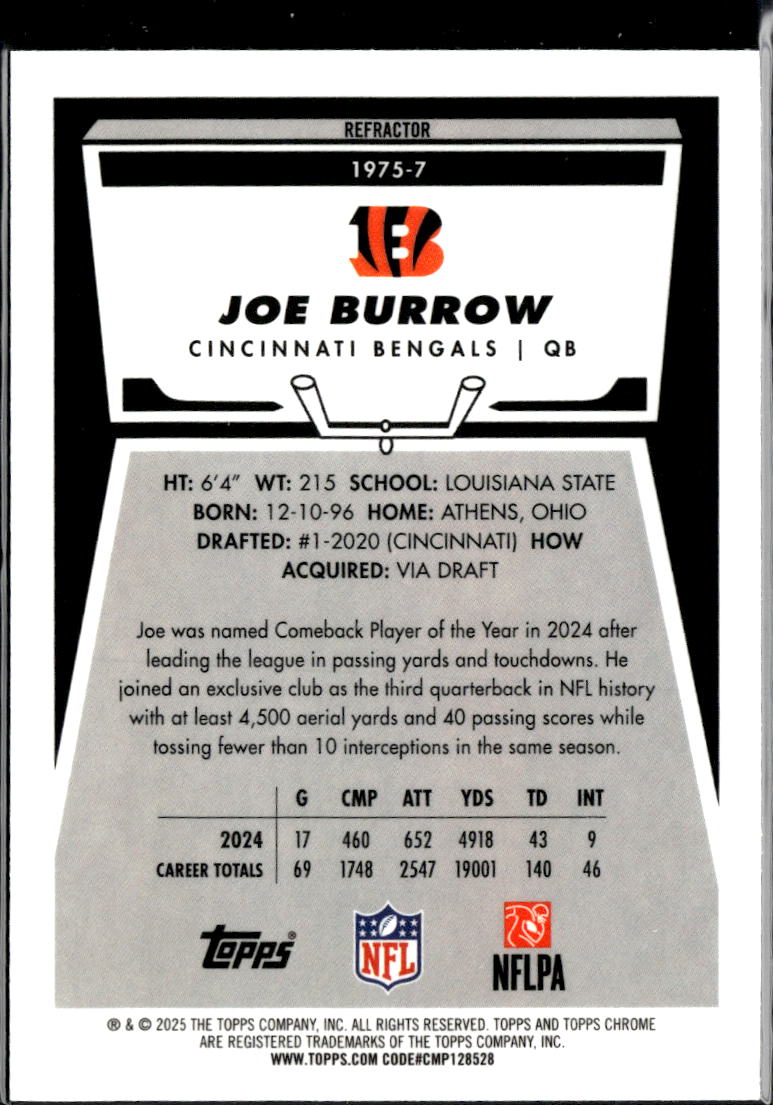 Joe Burrow 2025 Topps Chrome '75 Refractor Cincinnati Bengals