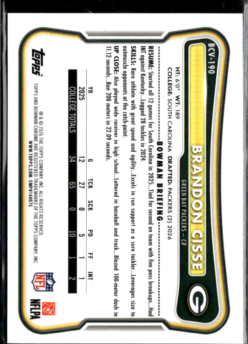 Brandon Cisse 2026 Bowman Chrome RC Lime Green /399 Green Bay Packers